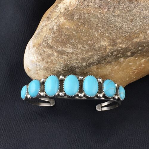 Navajo Sterling Silver Bracelet | Kingman Turquoise | Multi-Stone 7-Stone | Authentic Native American Handmade