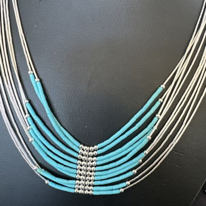 Navajo Blue Turquoise 10-Strand Heishi Necklace | Sterling Liquid Silver Tubes | 22" | 16448