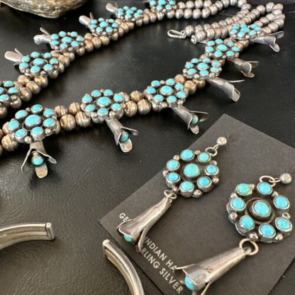 Ultra Rare Old Pawn Kingman Turquoise Squash Blossom Set | Necklace, Bracelet, Pendant, Earrings | Navajo | 15921