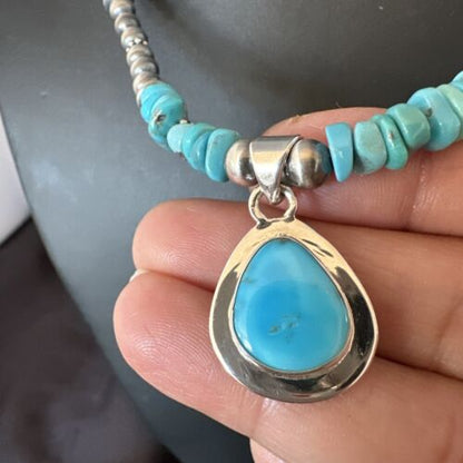 Navajo Men's Blue Kingman Turquoise Pendant Necklace | Sterling Silver | 21" | Authentic Native American Handmade | 17552