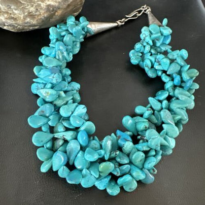 Navajo Teardrop Blue Turquoise Necklace | Sterling Silver Pearls | 19" 3 Strand | Authentic Native American Handmade | 17254