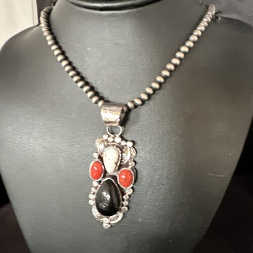 Navajo White Buffalo Coral Onyx Pearls Cluster Pendant | Sterling Silver | Native American Handmade | 15368