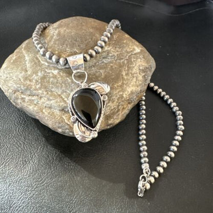 Navajo Pearls Black Onyx Necklace Pendant | Sterling Silver | Authentic Native American Handmade | 16527