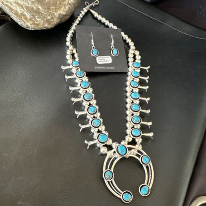 Navajo Kingman Turquoise Shadowbox Squash Blossom Necklace | Sterling Silver | Authentic Native American Handmade | 16091