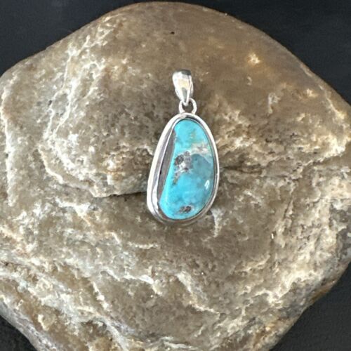 Blue Bisbee Turquoise Navajo Pendant | Sterling Silver | 1" | Authentic Native American Handmade | 17252