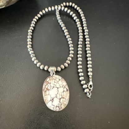 Wild Horse Turquoise Pendant Necklace | Navajo Pearls | Sterling Silver | Authentic Native American Handmade | 15720