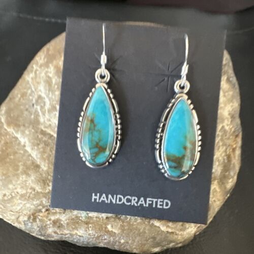 Navajo Blue Turquoise Dangle Earrings | Sterling Silver | Authentic Native American Handmade | 16505