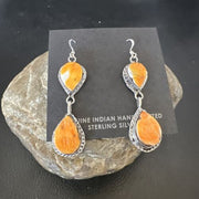 Navajo Orange Spiny Oyster Dangle Earrings | Sterling Silver | 1.5" | Authentic Native American Handmade | 16562