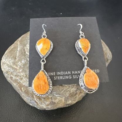 Navajo Orange Spiny Oyster Dangle Earrings | Sterling Silver | 1.5" | Authentic Native American Handmade | 16562