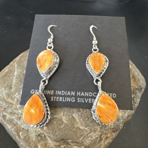 Navajo Orange Spiny Oyster Dangle Earrings | Sterling Silver | 1.5" | Authentic Native American Handmade | 16563