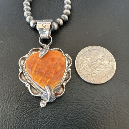 Navajo Orange Spiny Oyster Heart Pendant Necklace | Sterling Silver | Authentic Native American Handmade | 16298