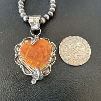 Navajo Orange Spiny Oyster Heart Pendant Necklace | Sterling Silver | Authentic Native American Handmade | 16298