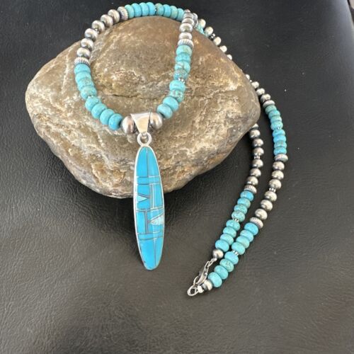 Navajo Blue Kingman Turquoise Opal Inlay Pendant | Sterling Silver Necklace | Authentic Native American Handmade | 16645 - Masha USA