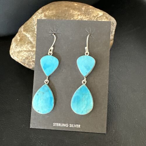 Navajo Blue Kingman Turquoise Dangle Earrings | Sterling Silver | Authentic Native American Handmade | 15108