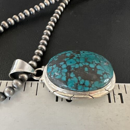 Men's Navajo Blue Spiderweb Turquoise Pendant Necklace | Sterling Silver | Authentic Native American Handmade | 16196
