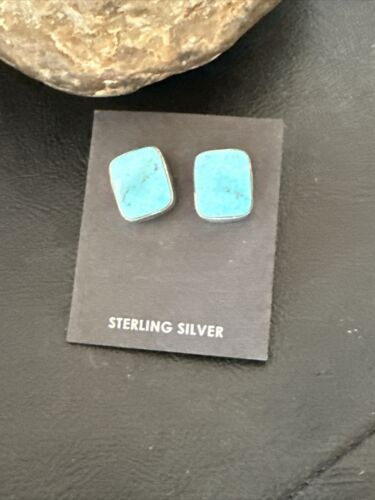 Navajo Blue Kingman Turquoise Post Stud Earrings | Sterling Silver | Authentic Native American Handmade | 17469