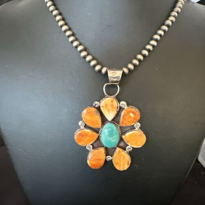 Navajo Blue Turquoise | Spiny Oyster Pendant Necklace | Sterling Silver | Multi-Stone | 16863