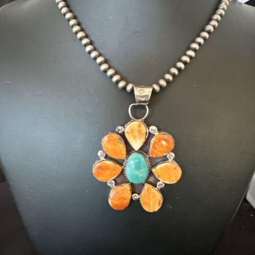 Navajo Blue Turquoise | Spiny Oyster Pendant Necklace | Sterling Silver | Multi-Stone | 16863