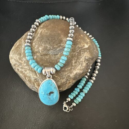 Navajo Blue Kingman Turquoise Pendant Necklace | Sterling Silver | 21" | Authentic Native American Handmade | 16932