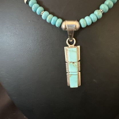 Navajo Blue Kingman Turquoise Inlay Pendant Necklace | Sterling Silver | 21" | Authentic Native American Handmade | 16930