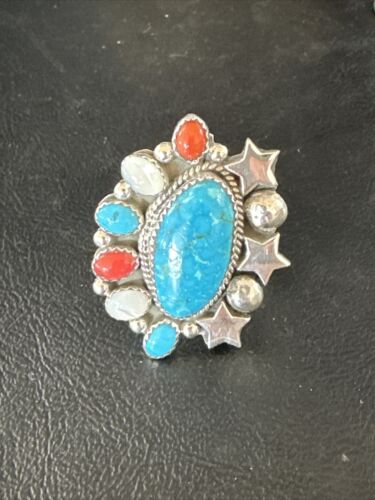 Navajo Coral Mother of Pearl Turquoise Multi-Stone Adjustable Ring | Authentic Native American Sterling Silver | Multi-Stone | 15331