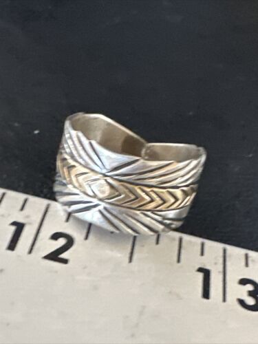 Men's Wedding Band | Wide Navajo Stamped 14K Gold Sterling Silver Ring | Sz 8.5 | 15460