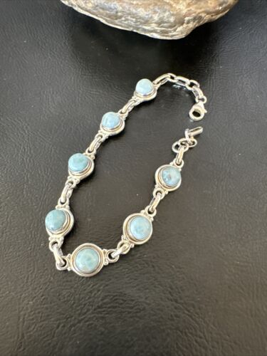 Navajo Blue Larimar Link Bracelet | Sterling Silver | 8" | Authentic Native American Handmade | 16078