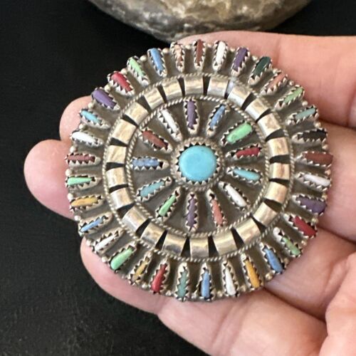 Zuni Multi-Color Turquoise Needle Point Wheel Pin Pendant | Sterling Silver | Authentic Native American Handmade | 15154
