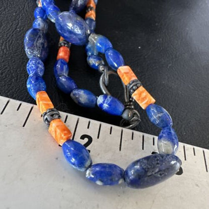 Men's Lapis Lazuli Spiny Oyster Necklace | Navajo Sterling Silver | 18" | Authentic Native American Handmade | 15265