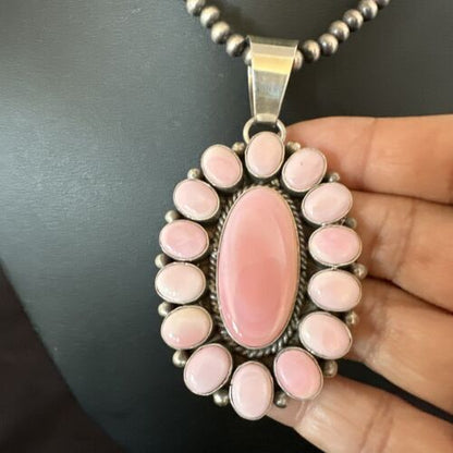 Navajo Pearls Pink Conch Necklace with Multi-Stone Cluster Pendant | Authentic Native American Handmade | 16062