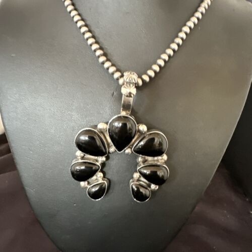 Men's Black Onyx Naja Pendant | Navajo Pearls Sterling Silver Necklace | Authentic Native American Handmade | 17070