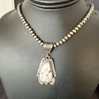 Navajo White Buffalo Turquoise Pendant Necklace | Sterling Silver | Authentic Native American Handmade | 17520