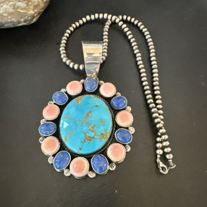 Navajo Multi-Stone Necklace | Lapis, Pink, Blue Turquoise | Sterling Silver | 17456