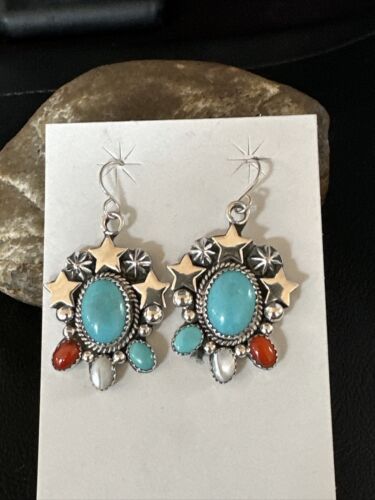 Navajo Coral Mother of Pearl Turquoise Sterling Silver Earrings | July Fourth | Handmade 15330
