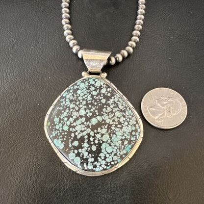Men's Navajo Blue Spiderweb Turquoise Pendant Necklace | Sterling Silver | Authentic Native American Handmade | 16233