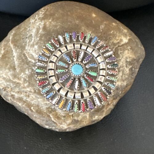 Zuni Multi-Color Turquoise Needle Point Wheel Pin Pendant | Sterling Silver | Authentic Native American Handmade | 15154