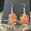 Navajo Orange Spiny Oyster Dangle Earrings | Sterling Silver | Authentic Native American Handmade | 17269