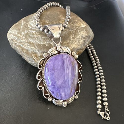 Navajo Purple Charoite Pendant with Pearls | Sterling Silver Necklace | Authentic Native American Handmade | 16654