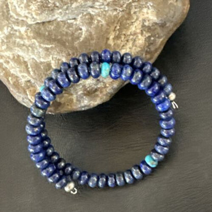 Navajo Lapis Turquoise Heishi Bracelet | Stainless Steel Memory Wire 6mm | Authentic Native American Handmade | 17614