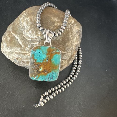 Navajo Blue Spiderweb Turquoise Pendant | Sterling Silver Necklace with Pearls | Authentic Native American Handmade | 15569