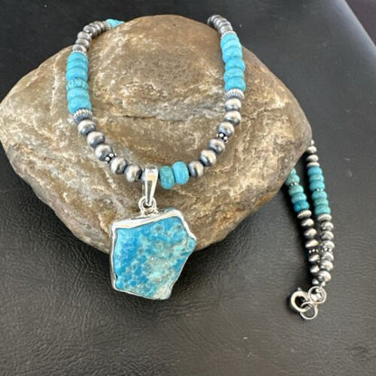 Men's Kingman Turquoise Pendant | Navajo Pearls Sterling Silver Necklace | Authentic Native American Handmade | 17212