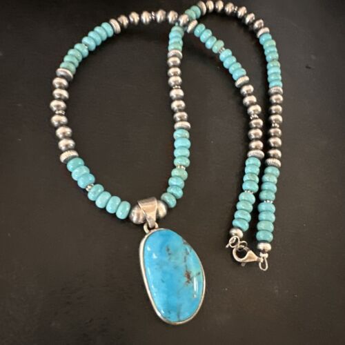 Navajo Blue Kingman Turquoise Pendant Necklace | Sterling Silver | 21" | Authentic Native American Handmade | 17087