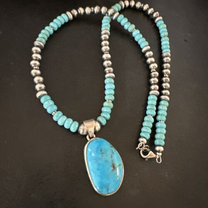 Navajo Blue Kingman Turquoise Pendant Necklace | Sterling Silver | 21" | Authentic Native American Handmade | 17087