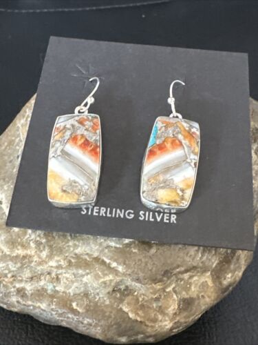 Navajo Blue Turquoise & Orange Spiny Oyster Inlay Dangle Earrings | Sterling Silver | 15582