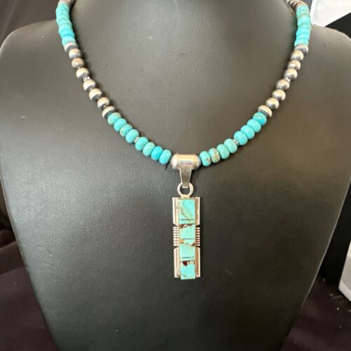 Men's & Women's Turquoise #8 Inlay Pendant Necklace | Navajo Sterling Silver | Authentic Native American Handmade | 17056