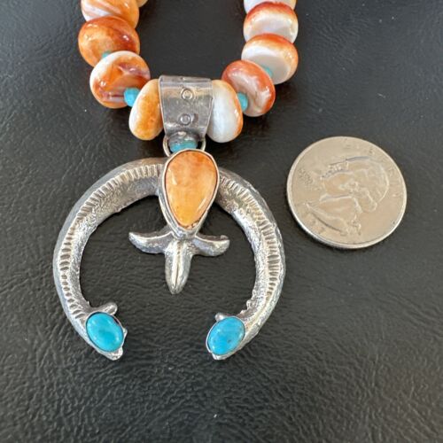 Navajo Blue Turquoise Spiny Oyster Naja Pendant Necklace | Sterling Silver | Authentic Native American Handmade | 16262
