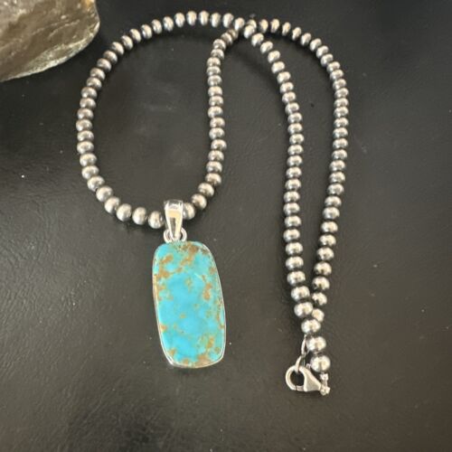 Navajo Blue Kingman Turquoise Pendant Necklace | Sterling Silver | 20" | Authentic Native American Handmade | 16698