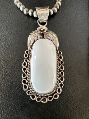 Navajo Pearls White Buffalo Turquoise Necklace Pendant | Sterling Silver | Authentic Native American Handmade | 15707