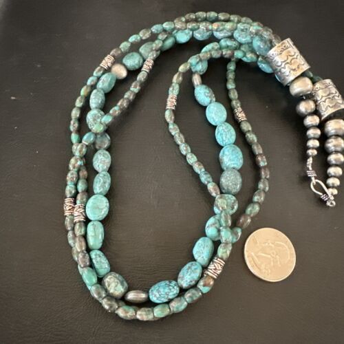 Navajo Spiderweb Turquoise Necklace | 3 Strands | Sterling Silver | 24" | Authentic Native American Handmade | 17403