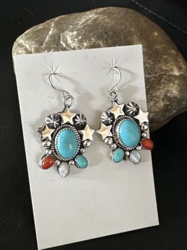 Navajo Coral Mother of Pearl Turquoise Sterling Silver Earrings | July Fourth | Handmade 15330
